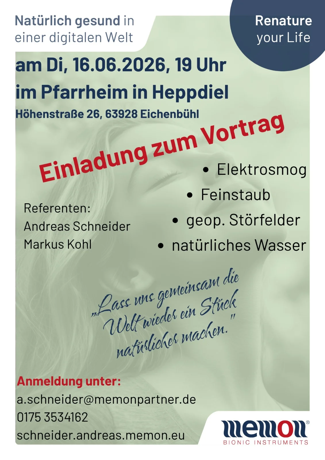 Einladung zum Vortrag „Natürlich gesund in einer digitalen Welt" am 16.06.2026 in Heppdiel mit Andreas Schneider und Markus Kohl.