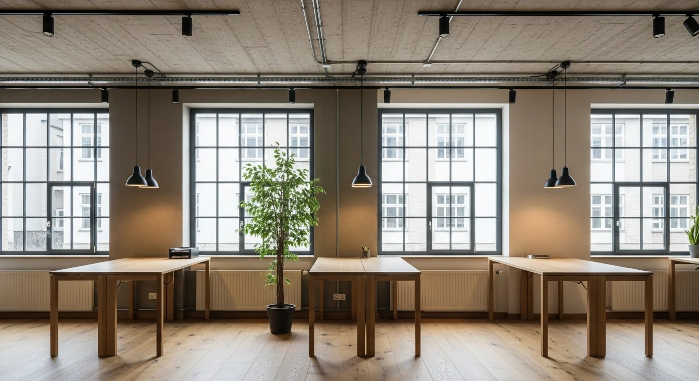 Modernes ruhiges Mittelstands-Büro mit Industriefenstern