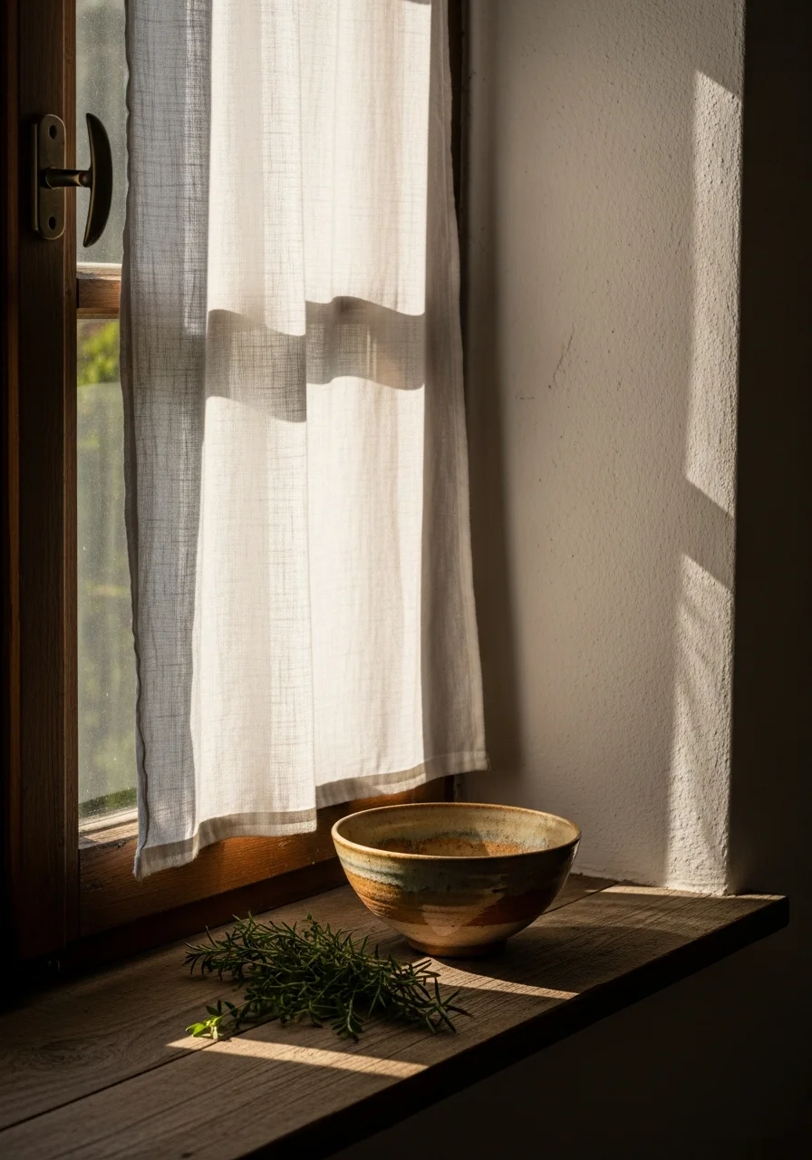 Sonniges Zimmerinterieur mit Leinenvorhang und Keramikgefäß
