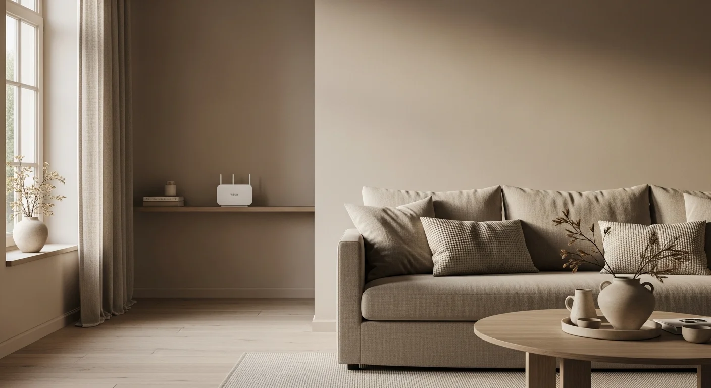 WLAN-Router in einem ruhigen Wohnzimmer, dezent ins Wohnumfeld eingebettet
