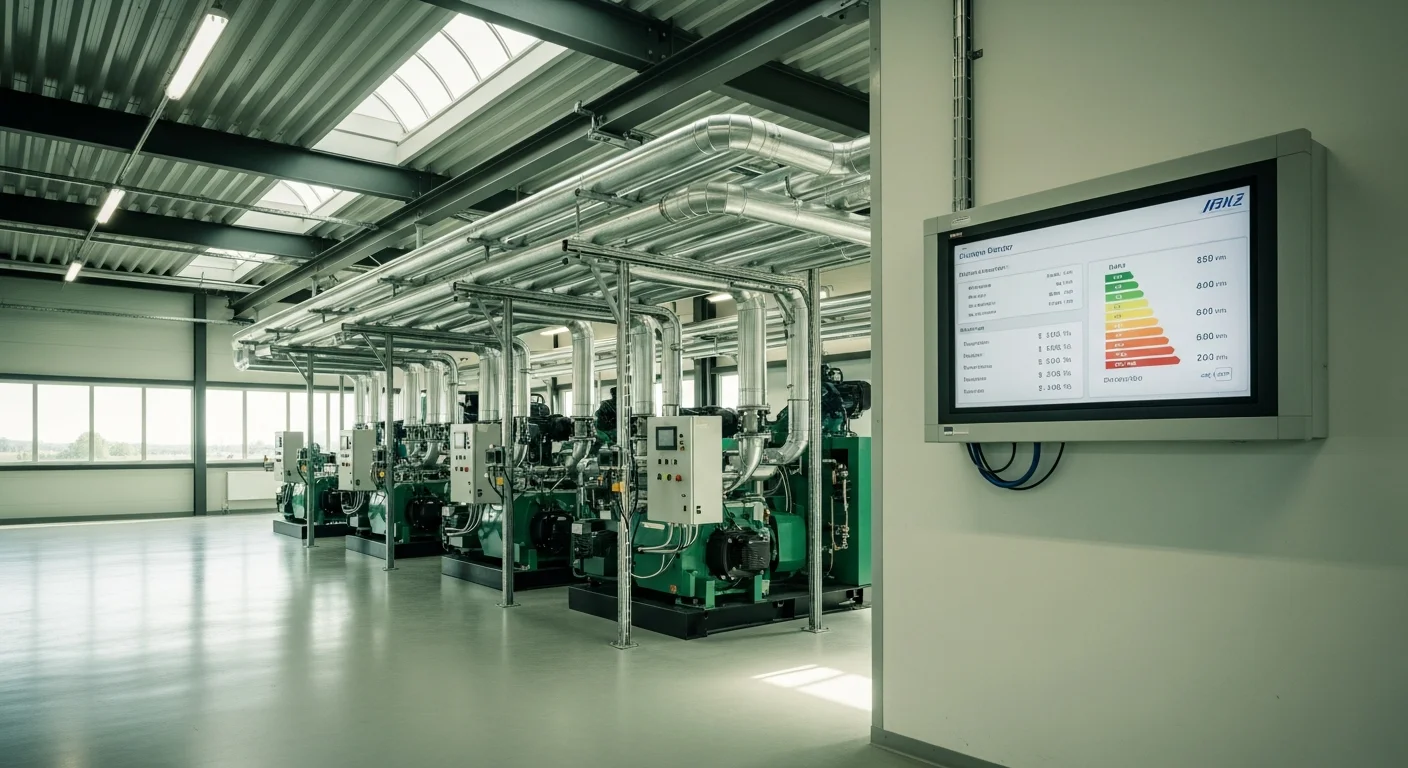 Industriehalle mit neuem Schraubenkompressor, Druckluftleitungen und Energiemonitoring-Display