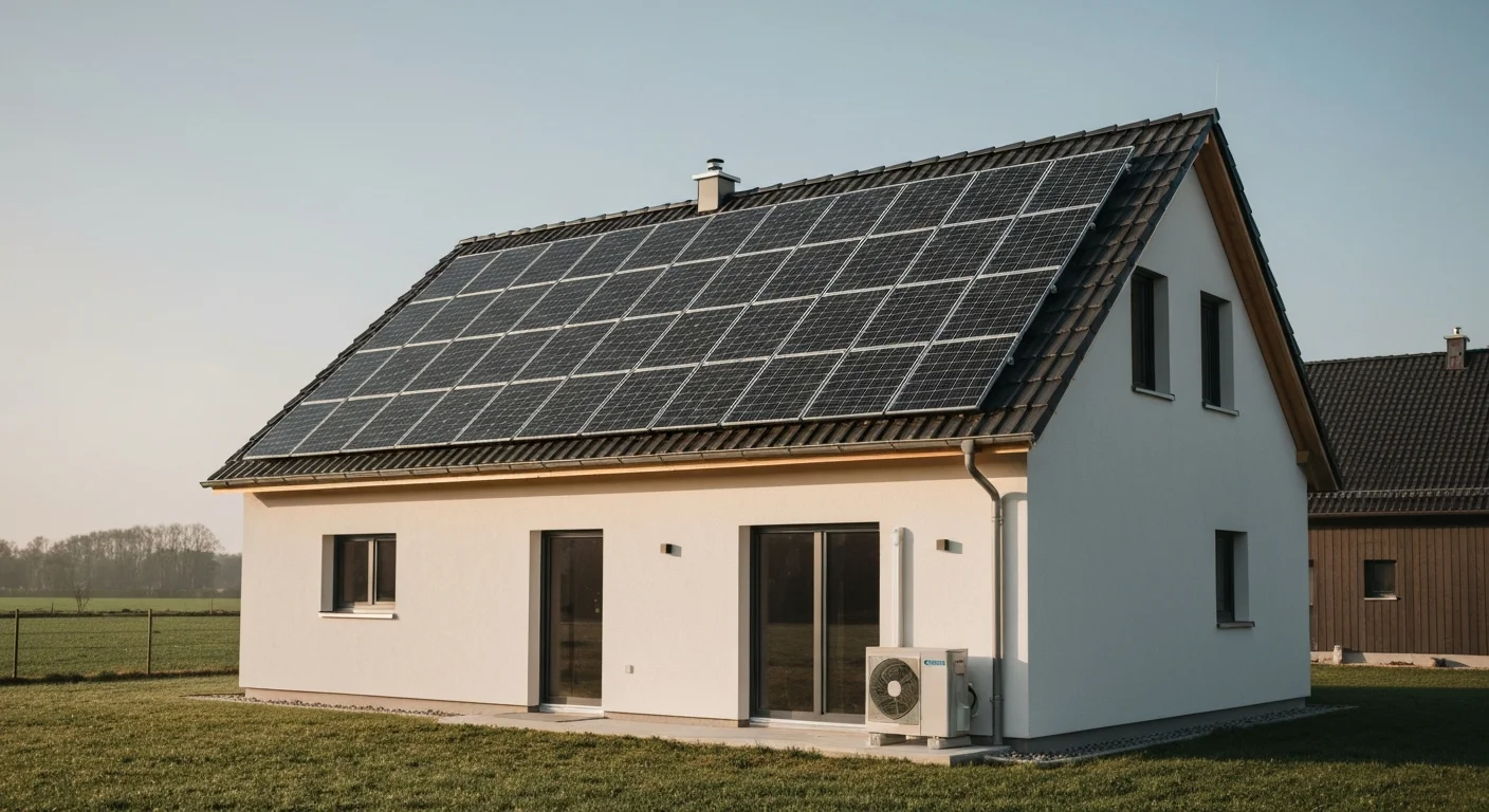 Privathaus mit Photovoltaikanlage auf dem Dach und Wärmepumpe neben dem Haus in der Morgensonne des Main-Tauber-Kreises