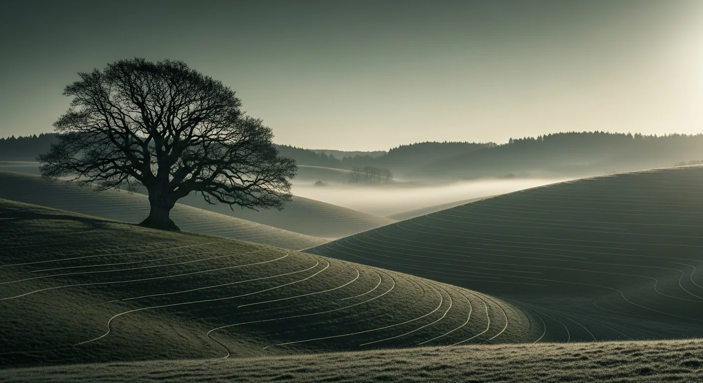 Ruhige deutsche Landschaft mit alter Eiche auf einem Hügel im Morgennebel