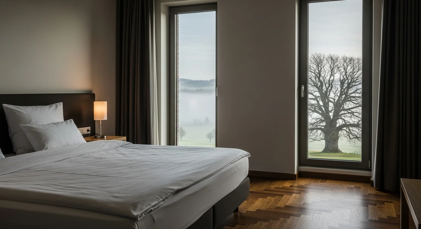 Ruhiges Hotelzimmer mit Blick auf eine alte Eiche im Morgennebel