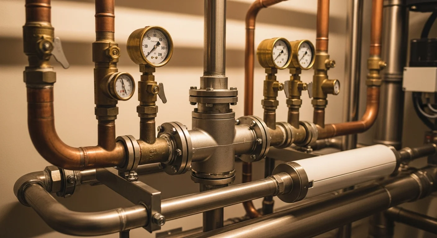 Professionelle Wasserinstallation im Technikraum eines Hotels mit Aufbereitungsmodul in der Leitung